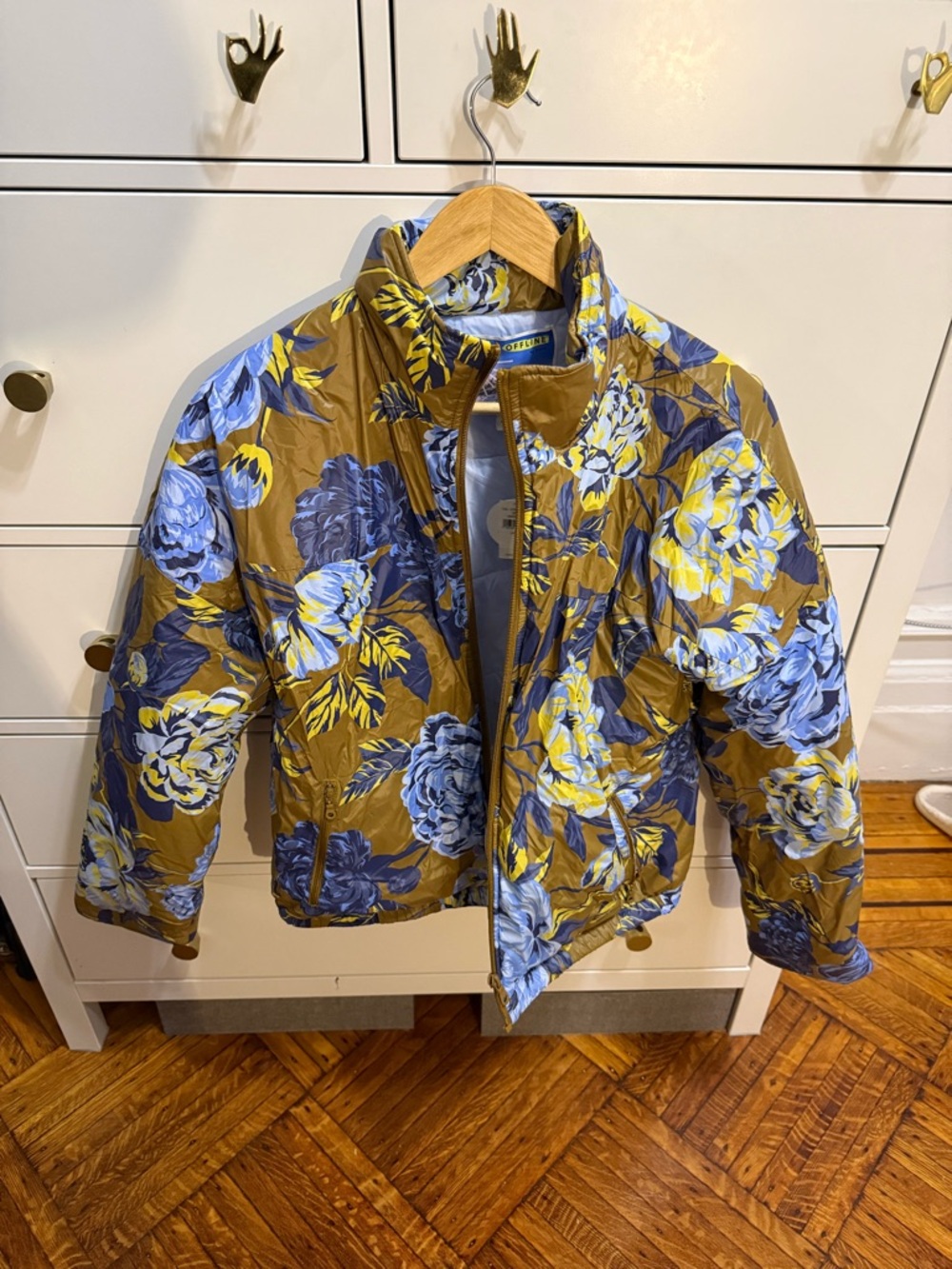 Aerie OFFLINE Floral Puffer Jacket in Mustard and Blue